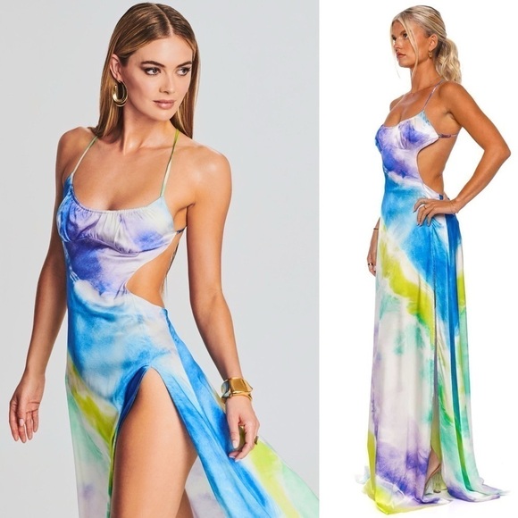 NWT RETROFETE Silk Watercolor Sleeveless Open Back Side Cutout Maxi Slip Gown XS - Picture 3 of 16